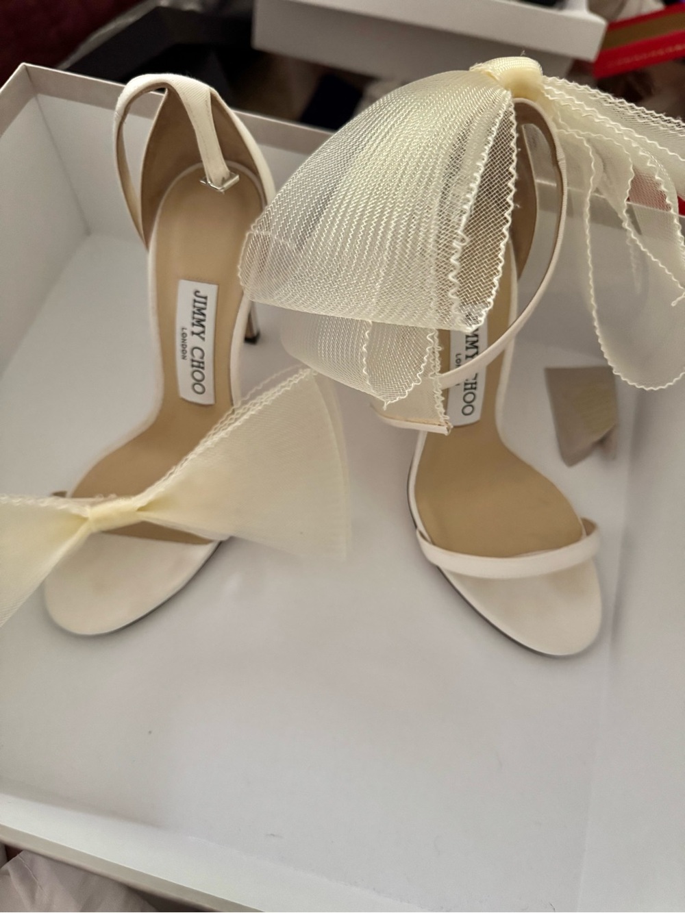 Jimmy Choo Ivory Tulle Bow Slingback Heels